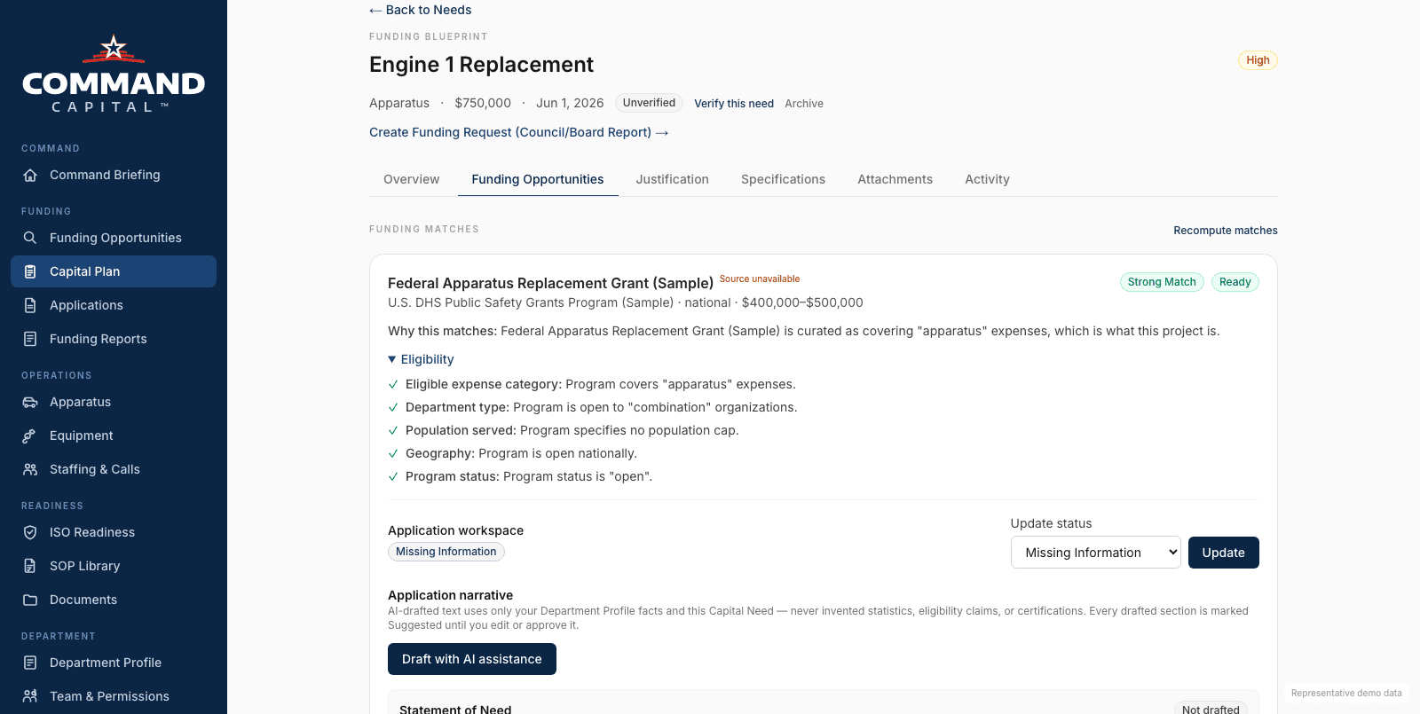 A funding match card showing Strong Match, why it matches, and eligibility